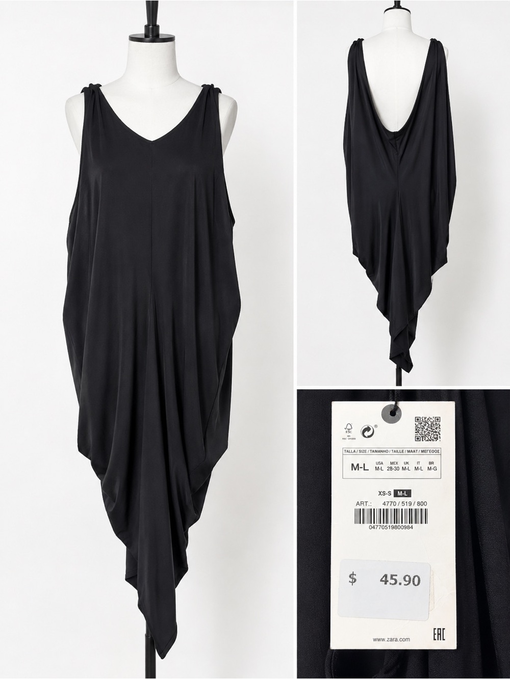 Zara Black Asymmetrical Draped V-Neck Dress